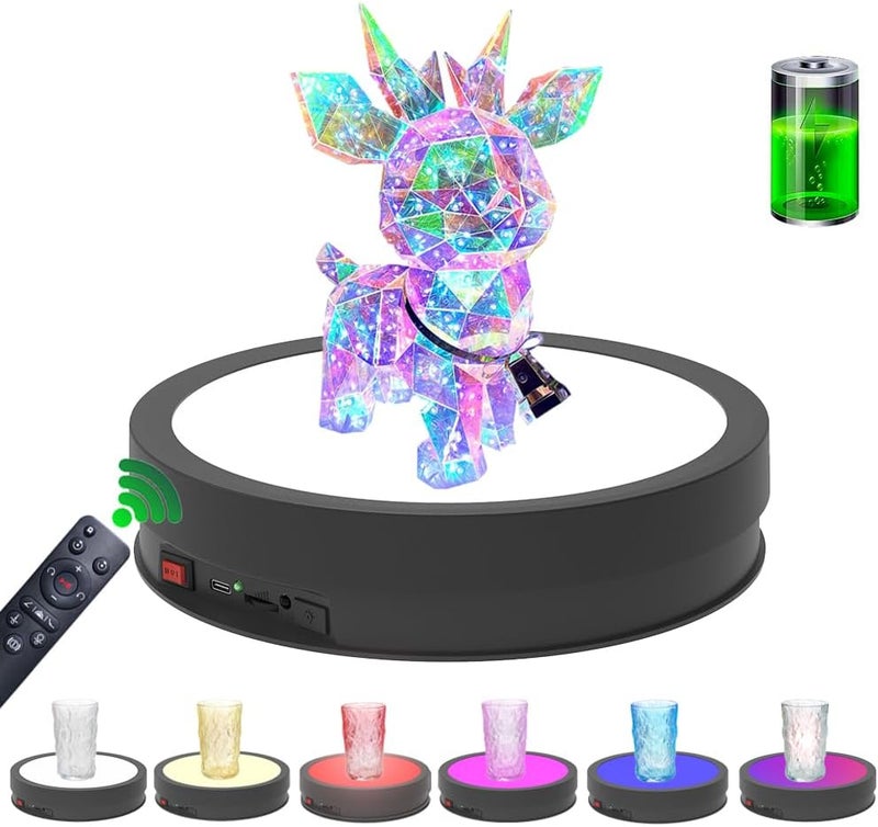 JAYEGT Variety Colors LED Light Base Non-Slip Rotating Display Stand , 66Lbs Load,360 Photography Turntable for Products Shows, Glass Crystal Artwork, Jewelry,Remote control (12.6inch / 6Color LED Light / Black/Rechargeable) - Image 1